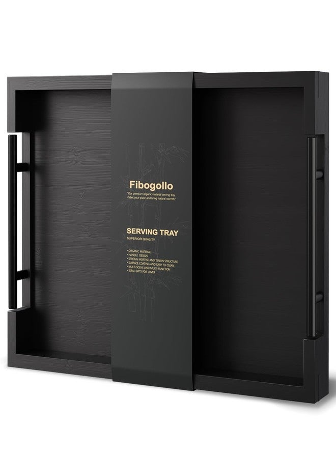 Fibogollo Bamboo Serving Tray with Metal Handles,15x10in Ottoman Decorative Trays Platter for Coffee Table,Living Room,Bar,Party,Medium(Black) - Image 1